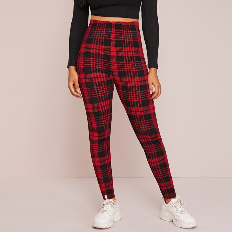 

Elastic Waist Plaid Leggings, Red