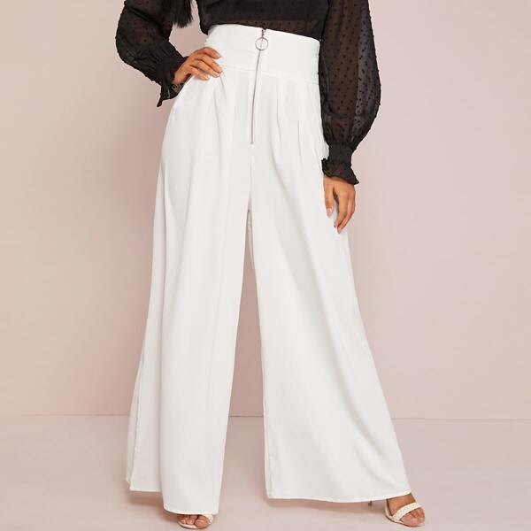 

O-ring Zipper Front Fold Pleated Super Palazzo Pants, White