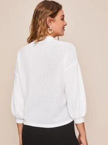 SHEIN Privé Top tejido de canalé de manga globo de cuello alto - Blanco - Ver 2