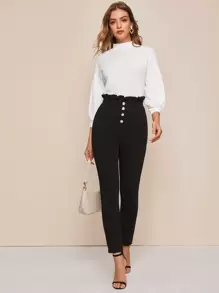 SHEIN Privé Top tejido de canalé de manga globo de cuello alto - Blanco - Ver 5