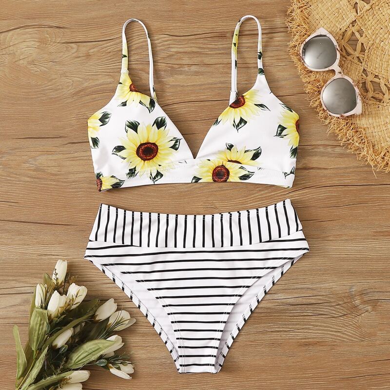 

Sunflower Print Top With Striped Brief Bikini Set, Multicolor