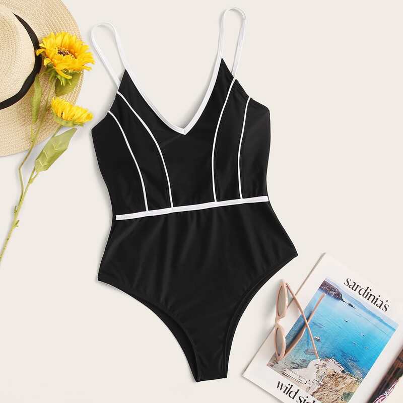 

Striped One Piece Swimwear, Black