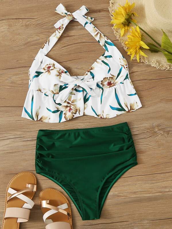 

Floral Random Print Halter Top With High Waist Bikini, Multicolor