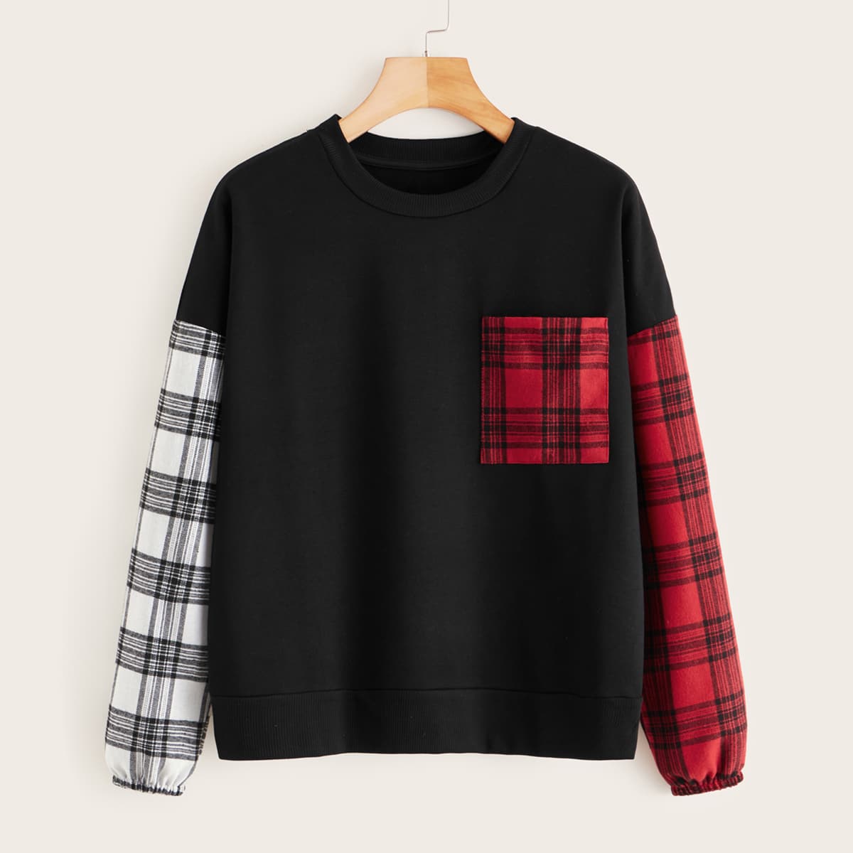 

Contrast Color-block Plaid Pocket Front Sweatshirt, Black