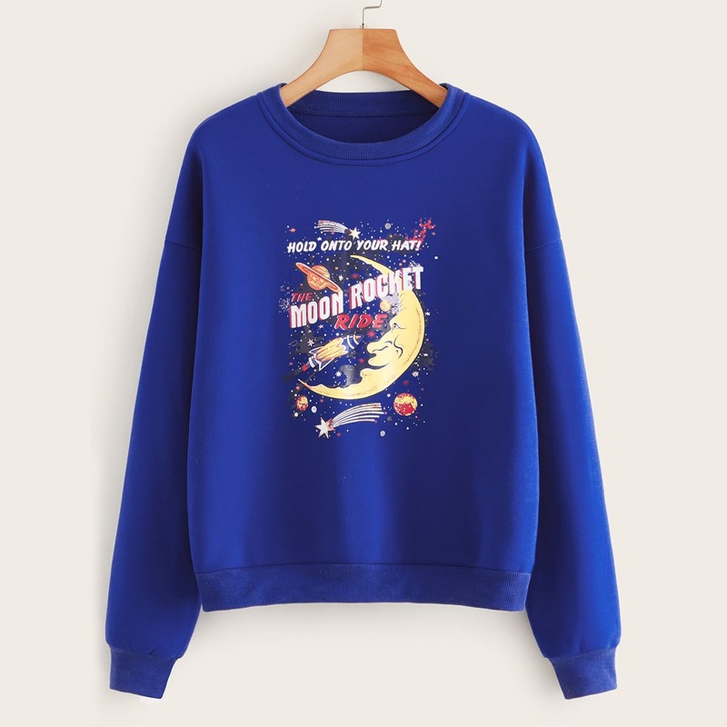 

Galaxy & Letter Graphic Drop Shoulder Sweatshirt, Blue bright
