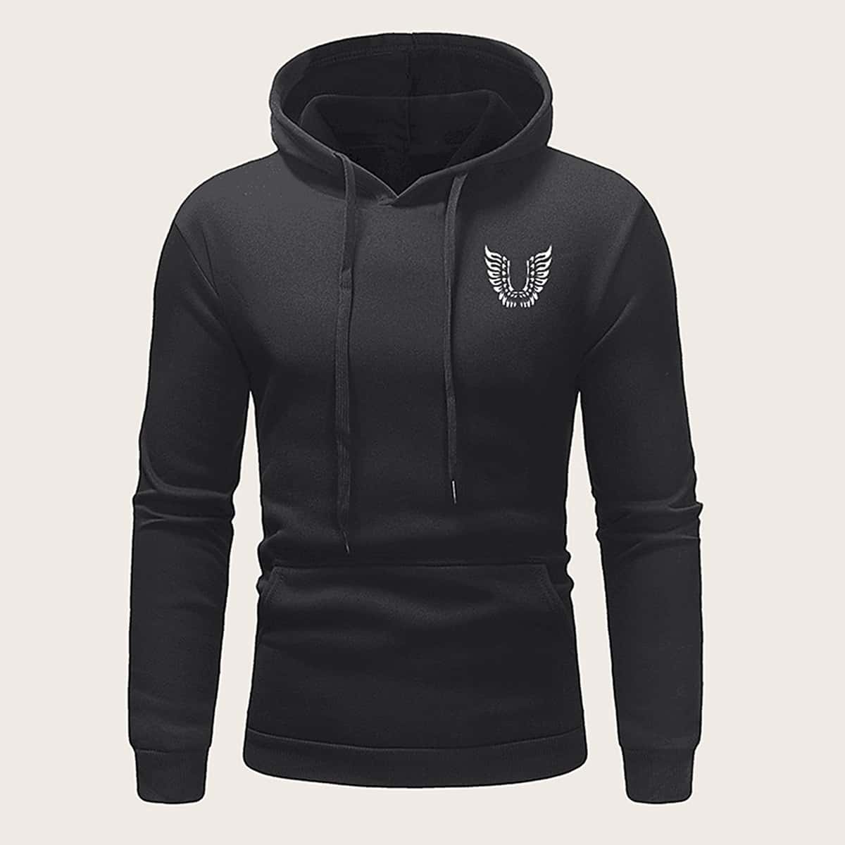 

Guys Graphic Print Drawstring Hoodie, Black