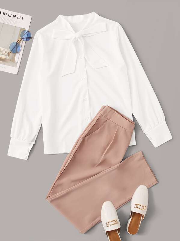 

Solid Tie Neck Button Through Blouse & Pants, Multicolor, Sava
