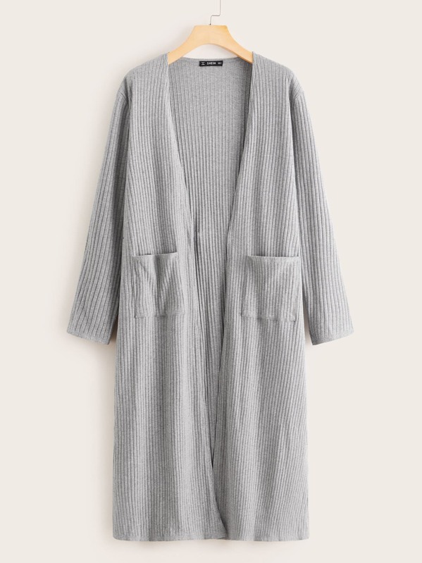 

Open Front Pocket Detail Rib-knit Coat, Grey, Gigi