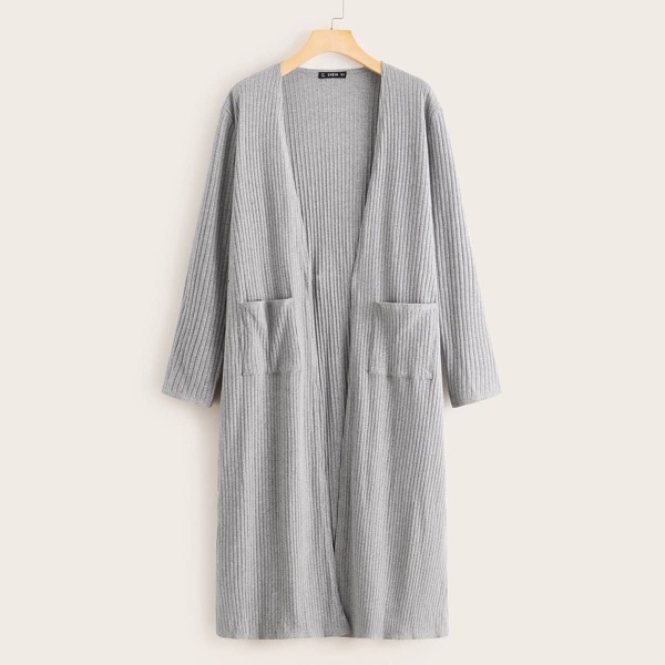 

Open Front Pocket Detail Rib-knit Coat, Grey