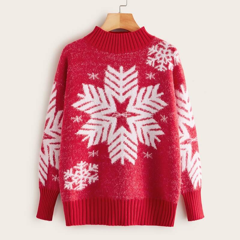 

Christmas Snowflake Print Drop Shoulder Jumper, Red