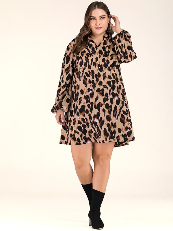 

Plus Notched Bishop Sleeve Cheetah Print Dress, Multicolor, Franziska