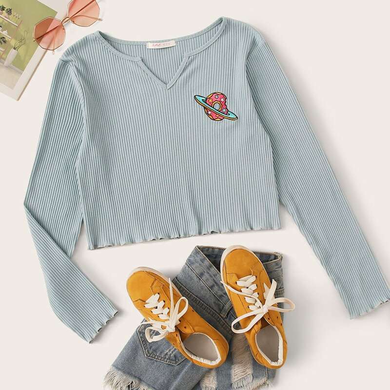 

Cartoon Embroidery Crop Ribbed Tee, Blue pastel
