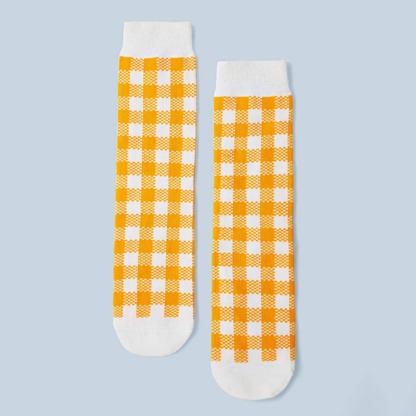 

1pair Girls Plaid Pattern High Tube Socks, Yellow