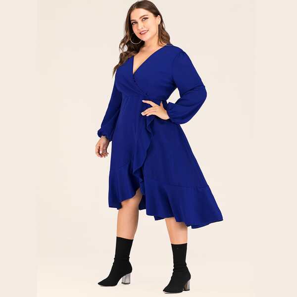 

Plus Surplice V-neck Ruffle Hem A-line Dress, Blue