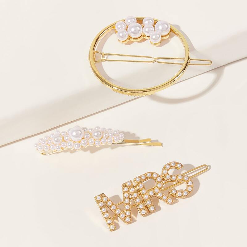 

3pcs Faux Pearl Letter Decor Hair Clip, Gold