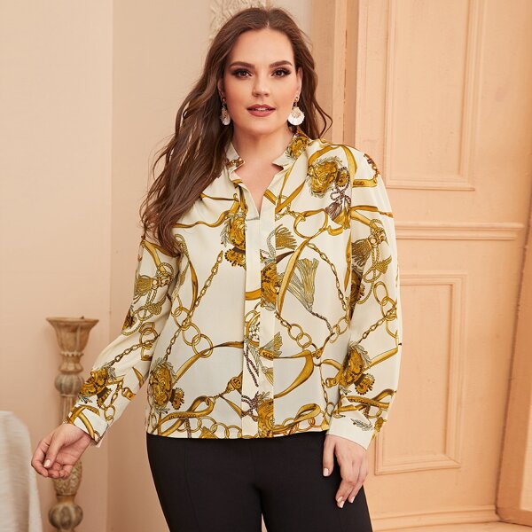 

Plus Notched Neck Chain Print Blouse, Multicolor
