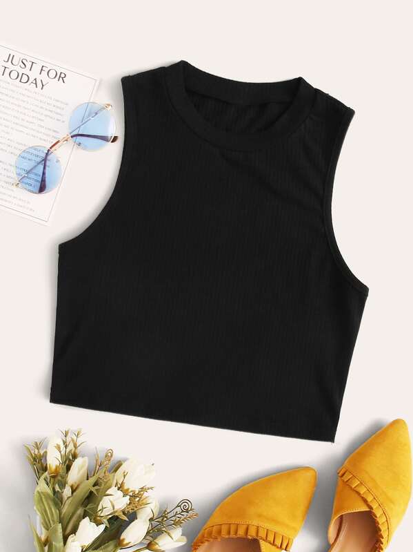 

Solid Ribbed Knit Tank Top, Black