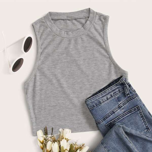 Ribbed Heathered Knit Tank Top, Grey
