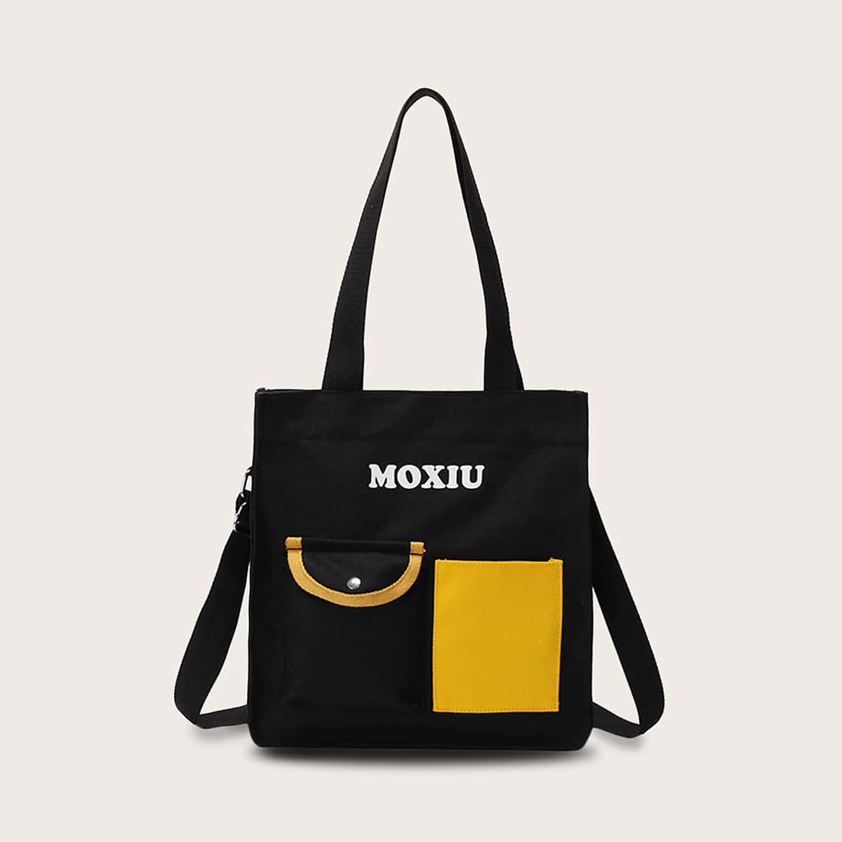 

Letter Graphic Color Block Tote Bag, Black