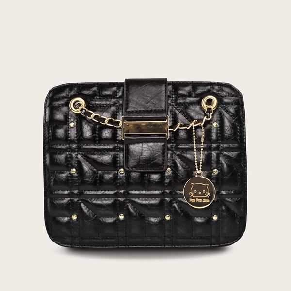 

Cat Pattern Charm Decor Chain Tote Bag, Black