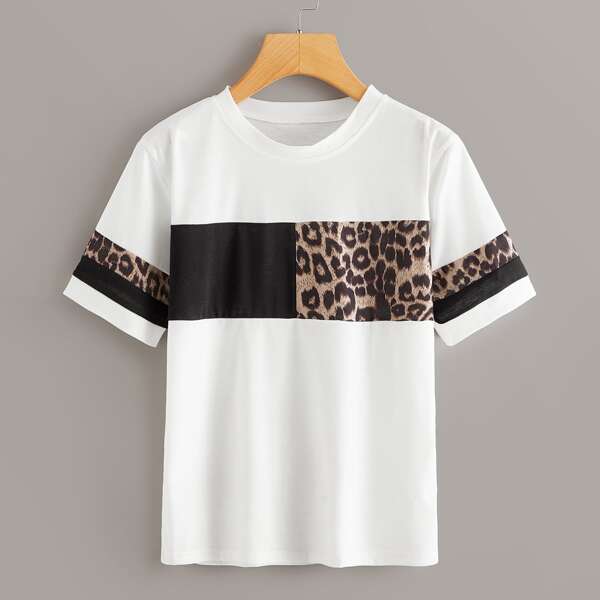 

Leopard Print Colorblock Tee, White