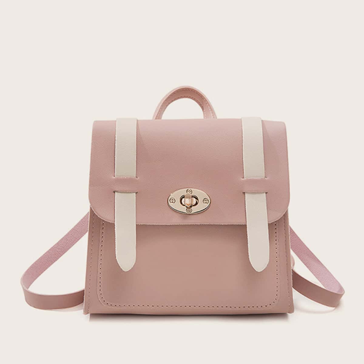 

Color Block Twist Lock Front Backpack, Pink