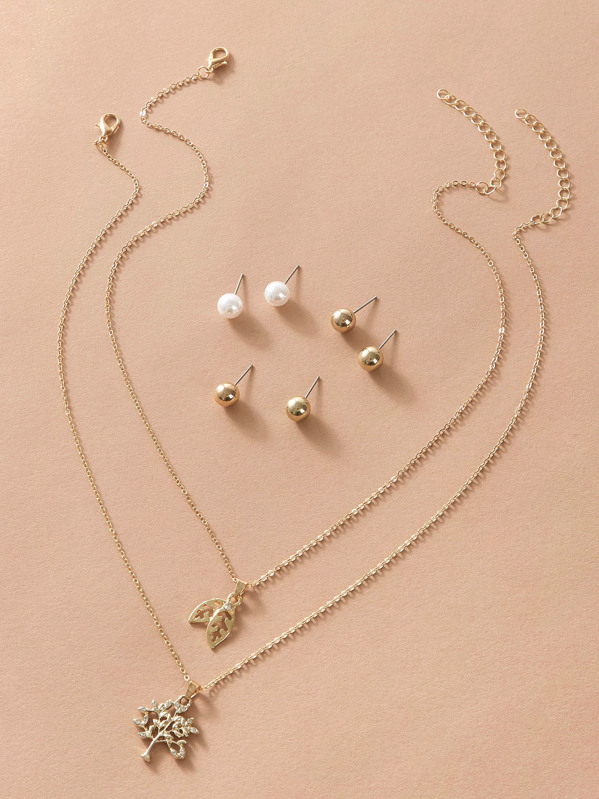 

2pcs Leaf Charm Necklaces & 3pairs Faux Pearl Stud Earrings