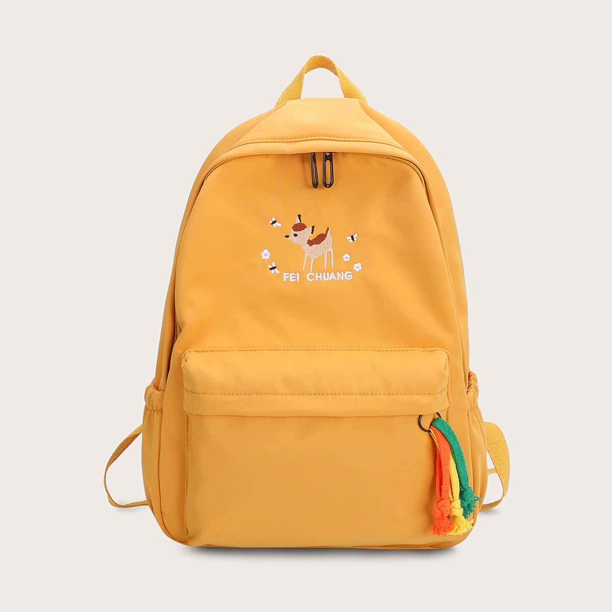

Cartoon Embroidered Pocket Front Backpack, Yellow
