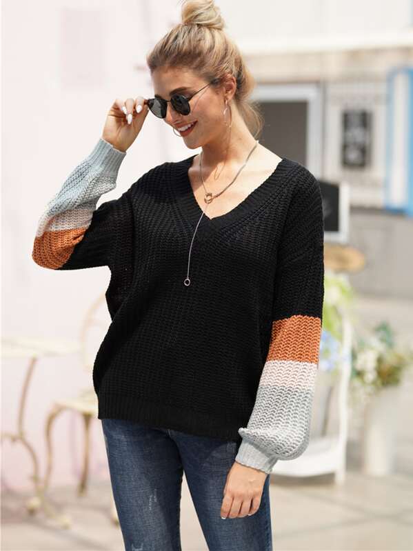 

V-neck Colorblock Drop Shoulder Sweater, Black, Nathane