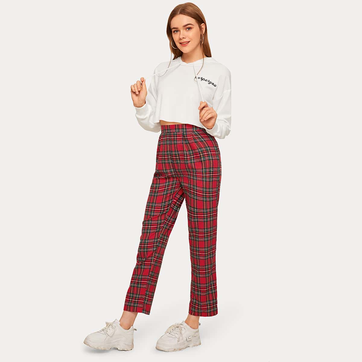 

Letter Graphic Drawstring Hoodie & Tartan Straight Leg Pants, Multicolor