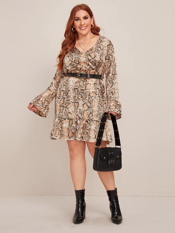 

Plus Ruffle Hem Snakeskin Fitted Dress Without Belted, Multicolor, Mafe