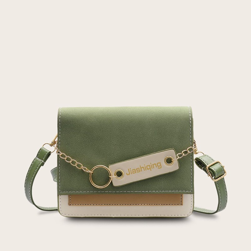Chain Decor Letter Graphic Crossbody Bag, Army green