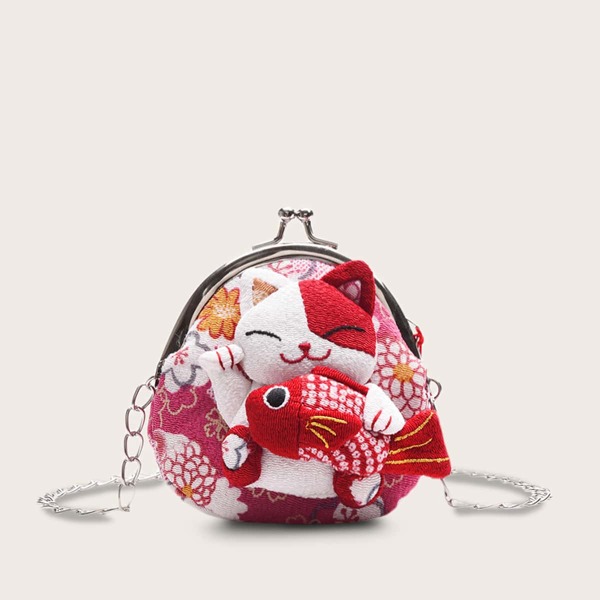 Cat Design Kiss Lock Crossbody Bag, Multicolor