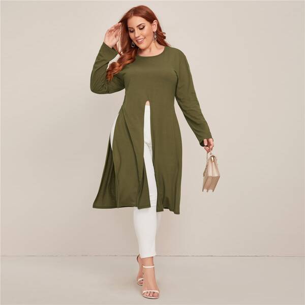 

Plus Split Hem Solid Longline Tee, Army green