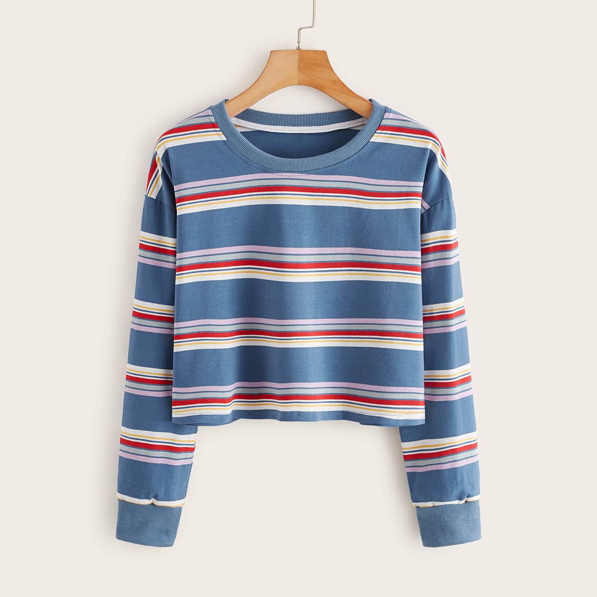 Mulit-stripe Crew Neck Crop Sweatshirt, Blue