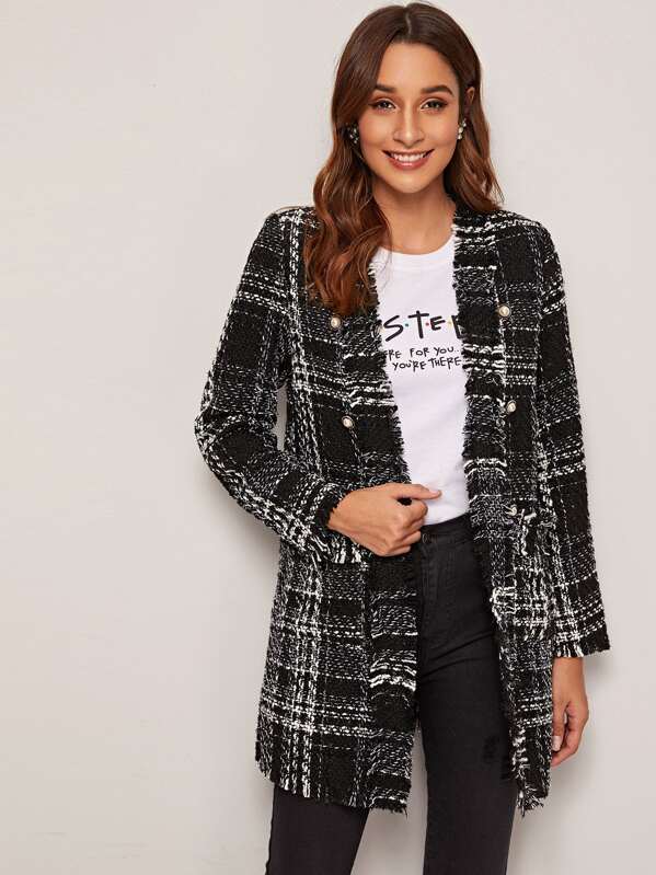 

Frayed Trim Double Breasted Tweed Coat, Black and white, Gabi B