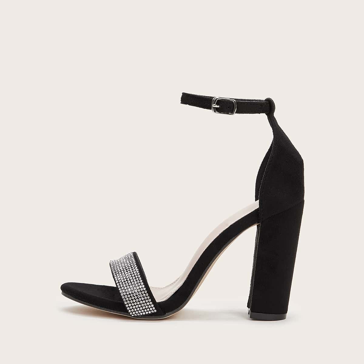 

Rhinestone Decor Ankle Strap Chunky Heels, Black