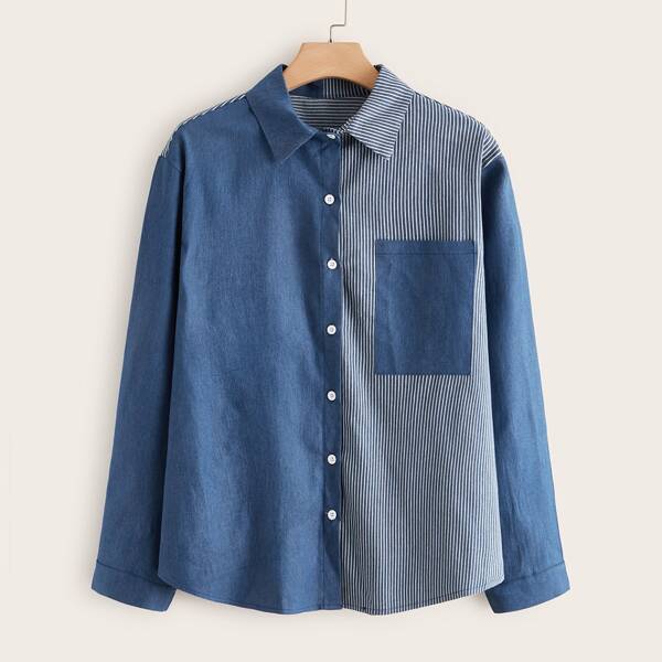 

Plus Pocket Patched Striped Splice Denim Blouse, Blue