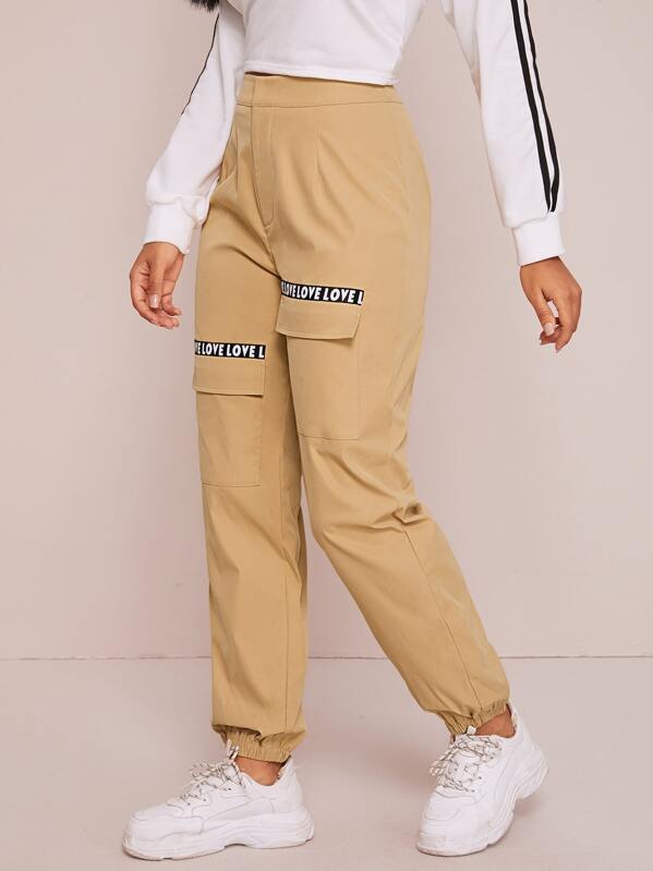 

Letter Tape Detail Flap Pocket Front Cargo Pants, Khaki, Tina