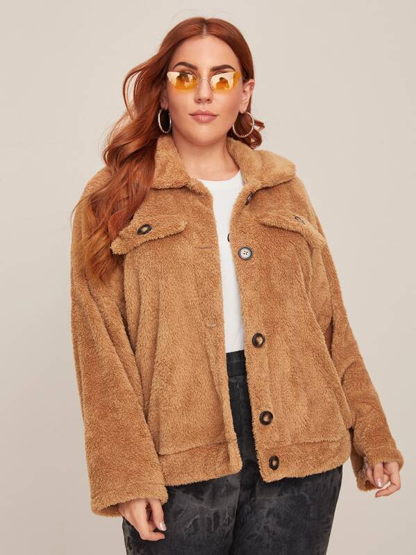 

Plus Fake Flap Pockets Teddy Jacket, Camel, Mafe