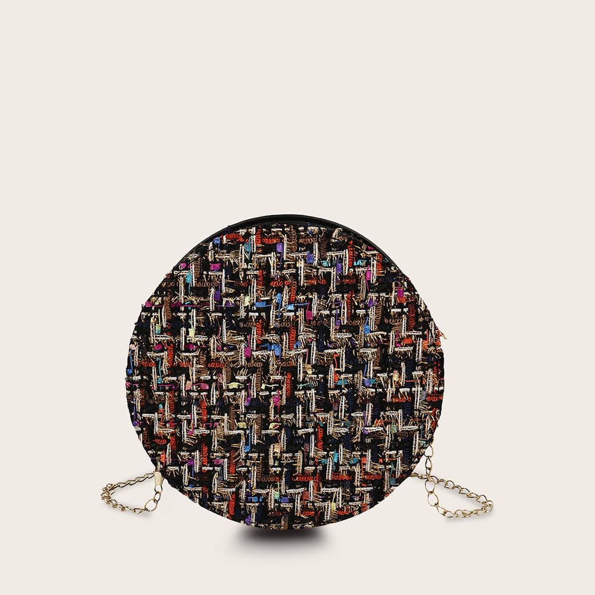 

Round Shaped Tweed Chain Bag, Multicolor