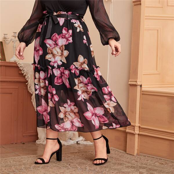 

Plus Large Floral Belted Paperbag Chiffon Skirt, Multicolor