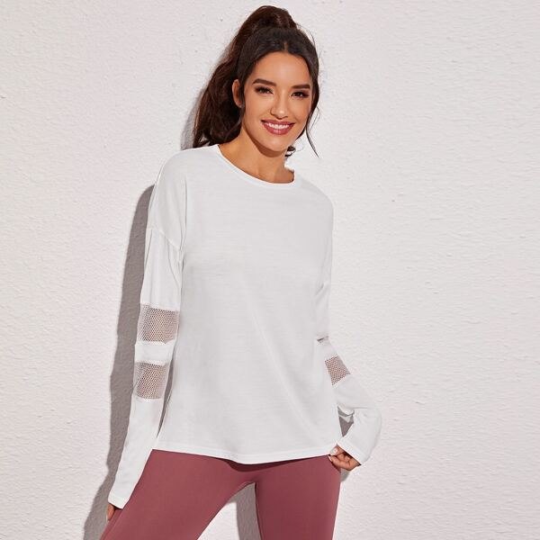 

Contrast Fishnet High Low Sports Tee, White