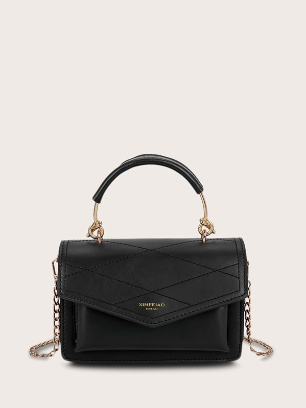 

Stitch Detail Letter Graphic Satchel Bag, Black