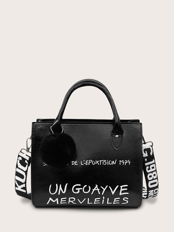 Pom Pom Decor Letter Graphic Satchel Bag, Black and white