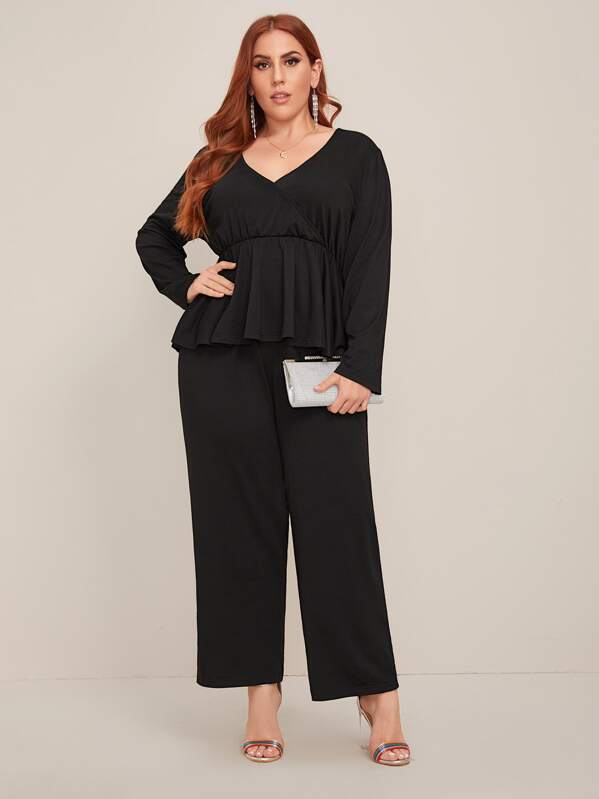 

Plus Surplice Peplum Blouse With Wide Leg Pants, Black, Mafe