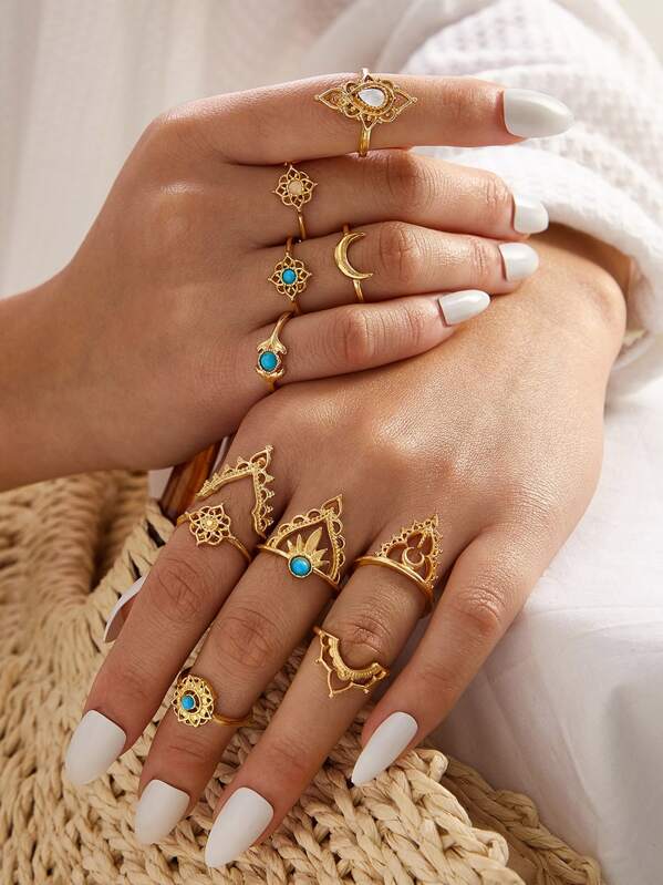 

11pcs Flower Decor Ring, Gold