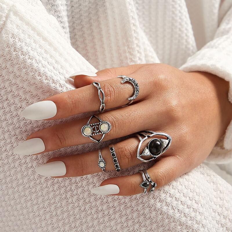 

8pcs Gemstone Engraved Ring, Silver
