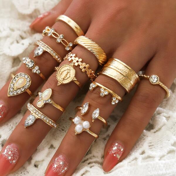 

15pcs Rhinestone Decor Ring Set, Gold