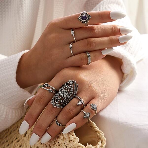 

11pcs Vintage Textured Ring Set, Silver
